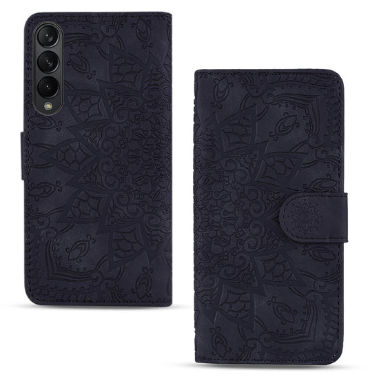 For Samsung Galaxy Z Fold4 5G Dual Fold Mandala Leather Case - Embossed Design - Black