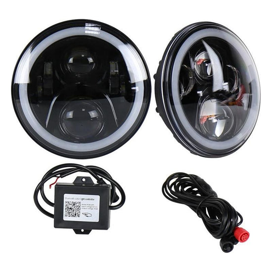 2 Pcs 7 Inch Dc12V 6000K - 6500K 50W Car Led Headlight Cree Lamp Beads For Jeep Wrangler / Harley Support App + Bluetooth Control Black