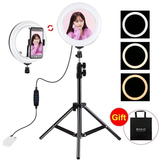 7.9 Mirror Light With Tripod & Usb 3 Modes Dual Colour Curved Ring Light For Vlogging Selfie Photography Video Phone Clamp - Black