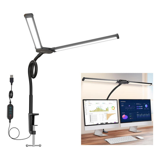 Double Head Clip Desk Lamp With Gooseneck Tube Led In Black