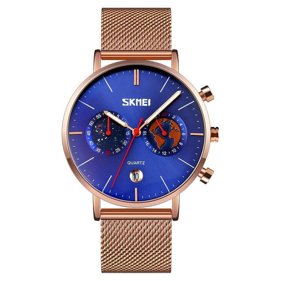 Men Stainless Steel Quartz Watch With Map Pattern Calendar - 9231