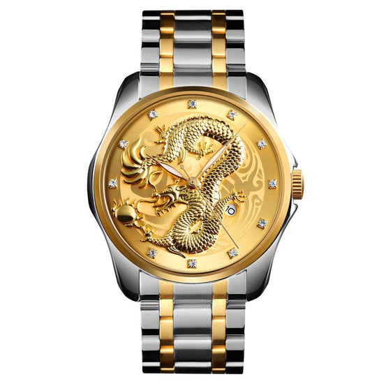 Men Golden Dragon Calendar Dial Quartz Watch with Luminous Hands - Gold Blue