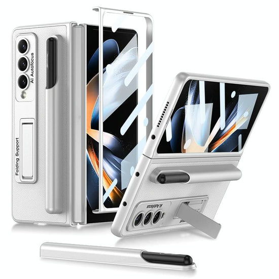 Leather Case with Holder & Pen Slots for Samsung Galaxy z Fold 4 - Thin & Shockproof - Silver