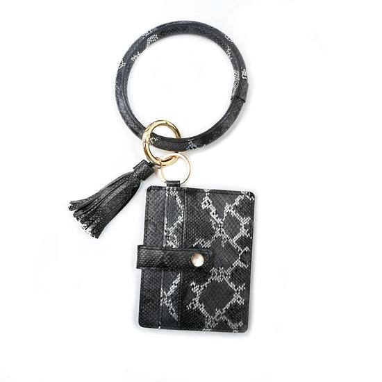 Pu Leather Wrist Ring Key Chain Coin Purse Black - White Snake