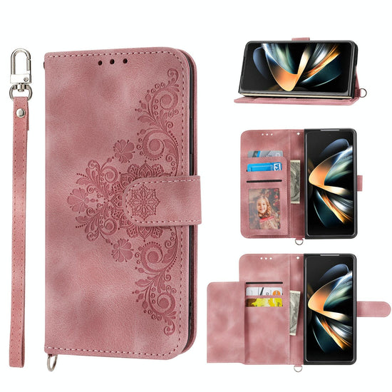 Floral Leather Phone Wallet for Samsung Galaxy z Fold 4 - Embossed - Wine Red