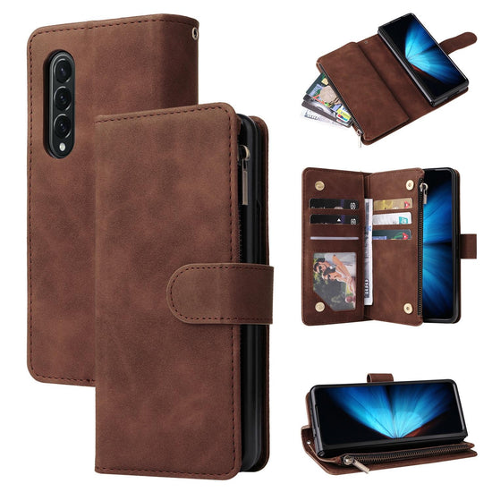 Frosted Leather Zip Wallet for Samsung Galaxy z Fold 4 - Compact and Stylish - Brown