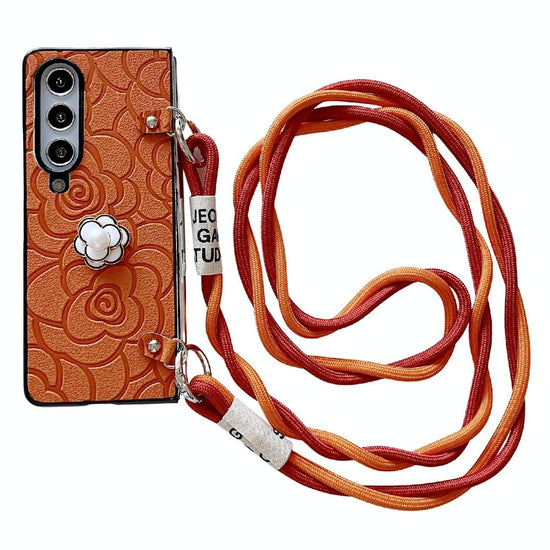 For Samsung Galaxy Z Fold4 5G Camellia Pattern Phone Case With Lanyard - Red