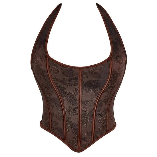 Fish Bone Jacquard Deep V-Neck Corset Crop Top With Halter Neck Plus Size - M