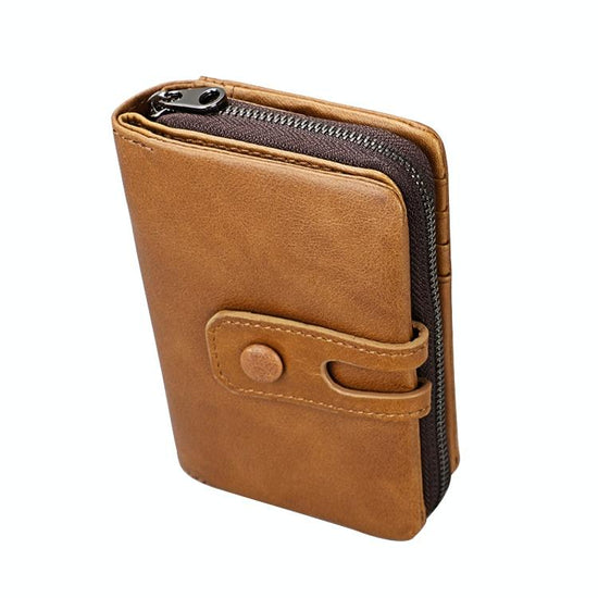 Zip Rfid Crazy Horse Leather Wallet - Brown - Red
