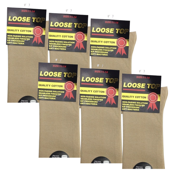 6x Pair COTTON Rich LOOSE TOP SOCKS Circulation Diabetic Comfort in Beige - 11-14