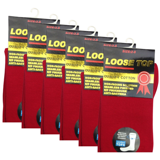 6x Pair COTTON Rich LOOSE TOP SOCKS Circulation Diabetic Comfort in Red - 2-8