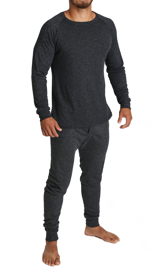 2pcs Set Mens Merino Wool Blend Long Sleeve Thermal Top & Long Johns Pants Underwear - Black - L