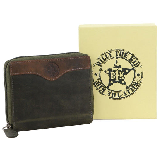 Billy The Kid Leather Wallet with Zip & Coin Pocket in Olive