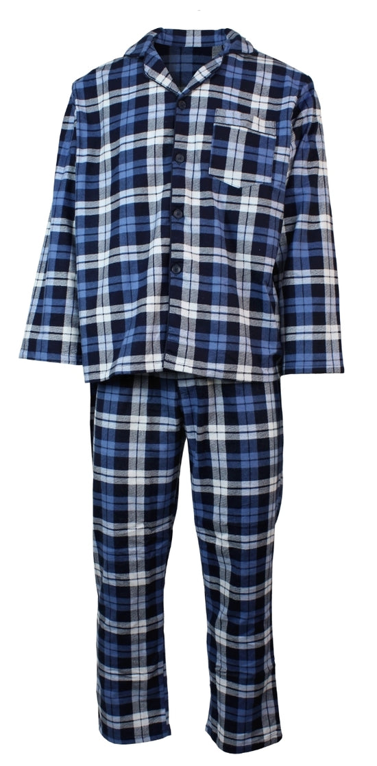 Mens Plus Size Flannelette Pyjamas 100% Cotton PJs Set Top Pants in Blue Check - 6XL