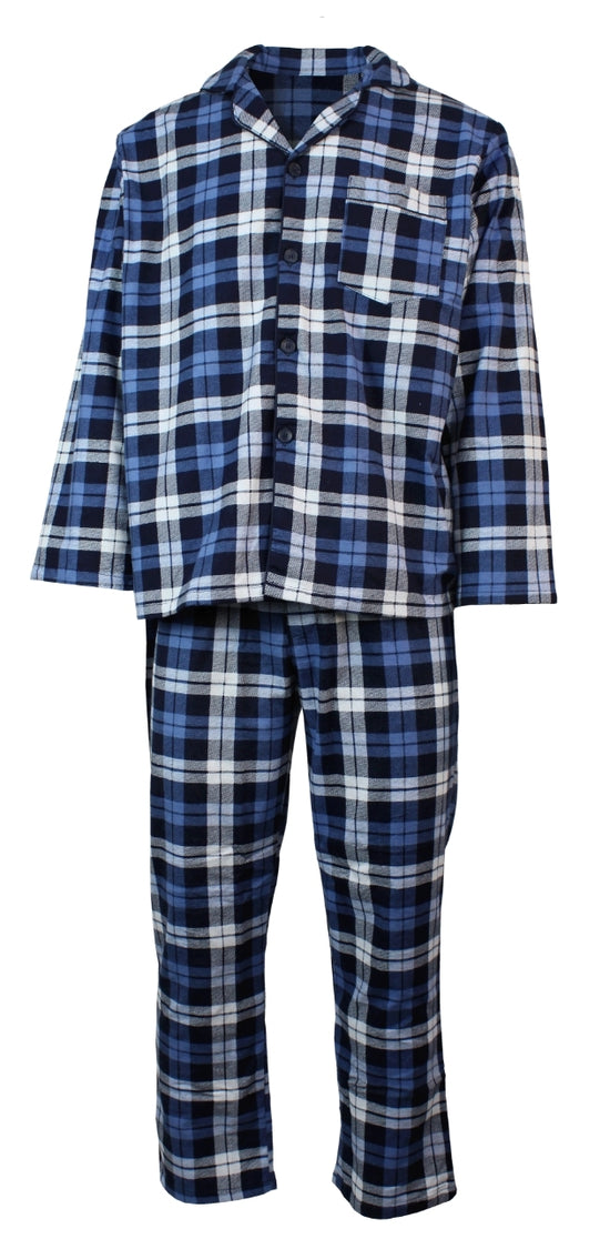 Mens Flannelette Pyjama Set Sleepwear Soft 100% Cotton PJs Two Piece - Blue/Multi Check - S