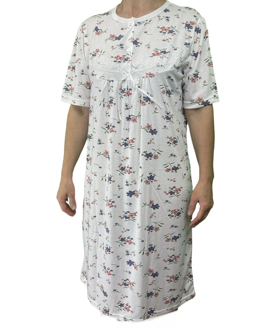 Womens Ladies Cotton Nightie Night Gown Slip Petticoat PJs Sleepwear Dress - White/Pink - 20