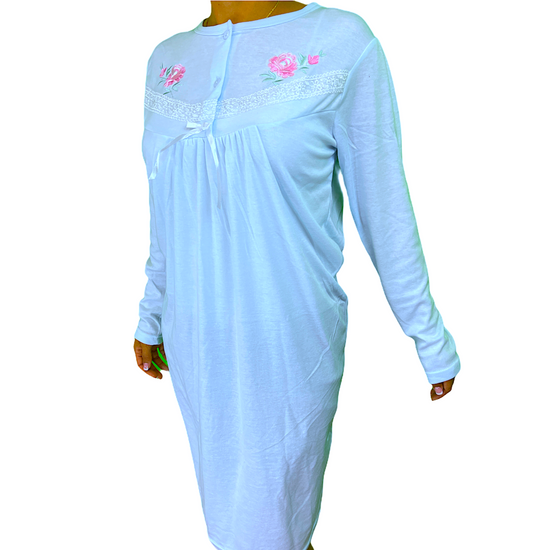 Womens Ladies Cotton Nightie Night Gown Pajamas Pyjamas Sleepwear PJ - Blue - 20