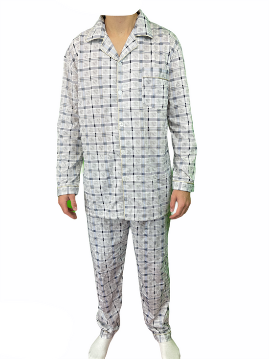 Mens Cotton Pajamas Pyjamas PJs Long Sleeve Shirt Tops + Pants Set Sleepwear - White/Blue - L