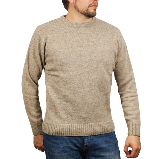 100% SHETLAND RAGG WOOL CREW Round Neck Knit JUMPER Pullover Mens Sweater Knitted - Beige - 3XL