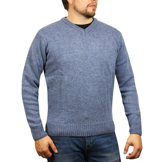 100% Shetland Ragg Wool V Neck Knit Jumper Pullover Mens Sweater Knitted - Sky - XL