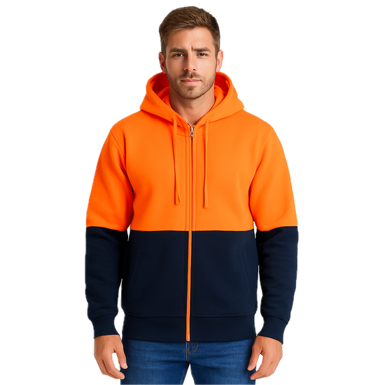 HI VIS Jumper Full Zip Hoodie Safety Workwear Fleecy Fleece Jacket Hooded in Orange/Navy - 2XL