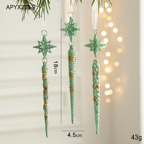 Green Glitter Icicle Christmas Ornaments with Star Tops - Set of 3 Hanging Decorations(5 set in total)