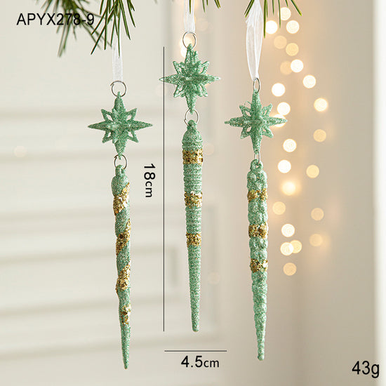 Green Glitter Icicle Christmas Ornaments with Star Tops - Set of 3 Hanging Decorations(5 set in total)