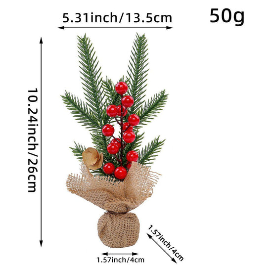 Mini Christmas Pine Tree Decoration - 10.24 Inches Tall with Red Berries and Burlap Base (4 trees)