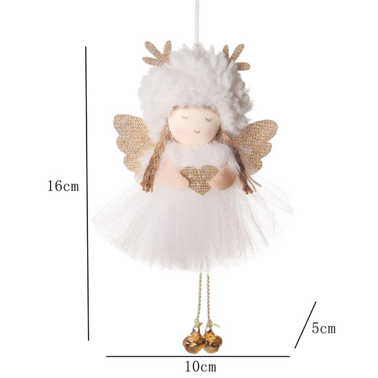 Gold and White Angel Ornament with Bells and Glitter Wings - Christmas Hanging Decoration 16*10*5cm White colour (5 pieces)