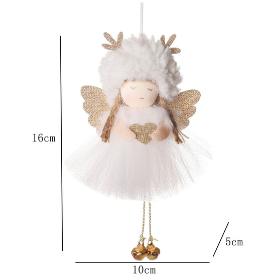 Gold and White Angel Ornament with Bells and Glitter Wings - Christmas Hanging Decoration 16*10*5cm White colour (5 pieces)