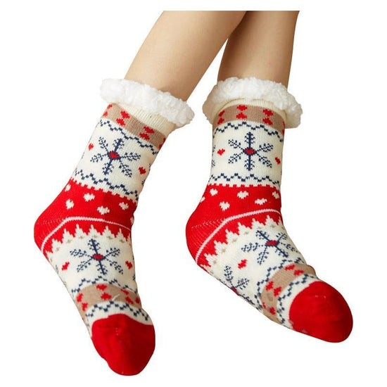 Festive Plush Christmas Socks , Warm Winter Slipper Socks with Snowflake Pattern, Non-slip floor socks Red Snowflake