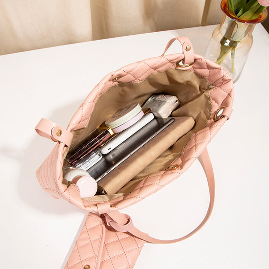 Elegant Quilted Tote Bag with Matching Clutch in Brown