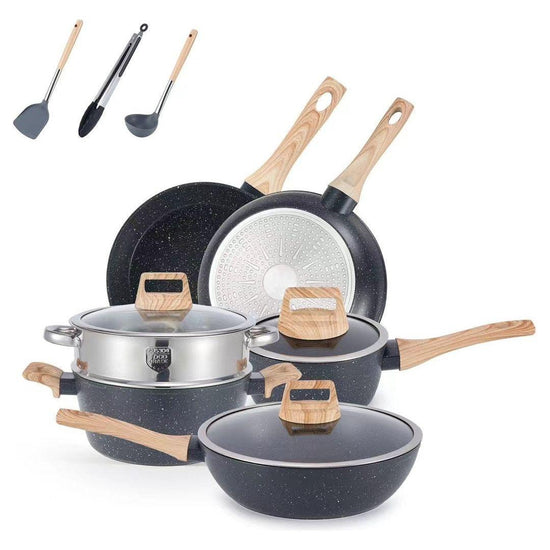YEJ 12-Piece Non-Stick Complete Cookware Set | Pots, Pans & Utensils (Black)