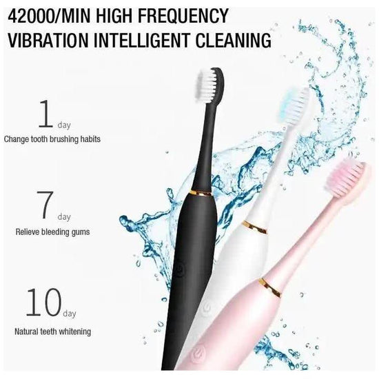 X-3 Sonic Electric Toothbrush, 4 Replacement Brush Heads, and USB Charging Cable - Sleek Pink Design
