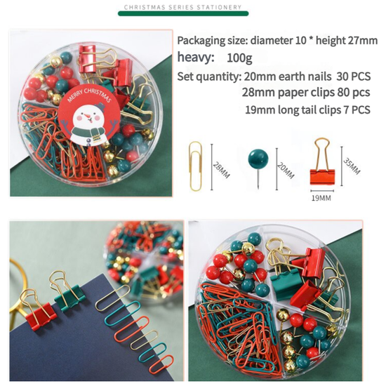 B41025 Christmas Stationery Set - Festive Binder Clips, Paper Clips, and Push Pins in Holiday Colors(2 set)