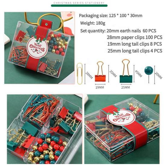 S11012 Christmas Stationery Set - Festive Binder Clips, Paper Clips, and Push Pins in Holiday Colors(2 set)