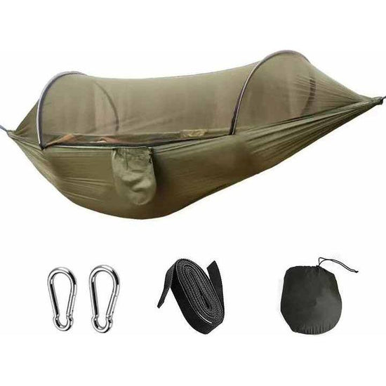 Green Outdoor Camping Hammock with Mosquito Net, Anti-Tip Nylon Fabric, Single/Double Person Quick-Setup Hammock