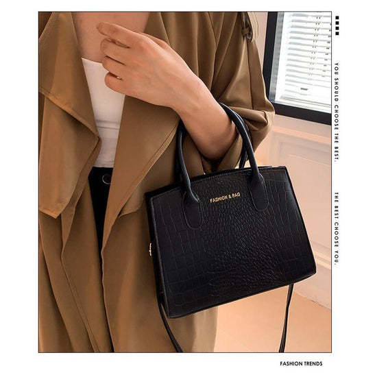 Black Elegant Faux Crocodile Leather Handbag - Stylish Tote Bag with Adjustable Strap