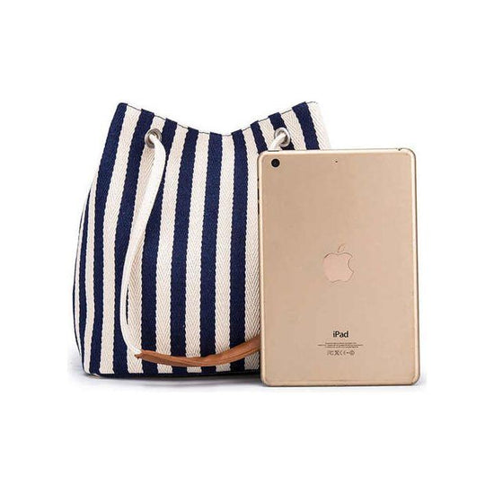 Black Stripes Canvas Bucket Tote Bag with Leather Handle