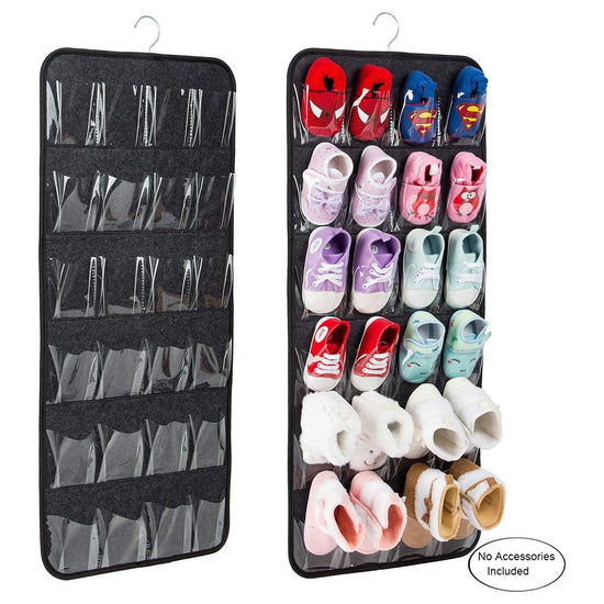 Dark Grey Hanging Felt Shoe Organizer with 24 Clear Pockets - Anti-Rust Metal Hanger Included, Perfect for Shoes, Toys, and Accessories