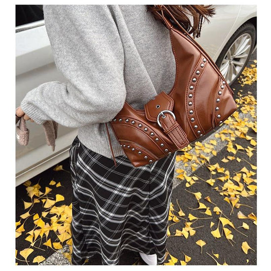 Red Vintage Studded PU Leather Shoulder Bag with Adjustable Strap