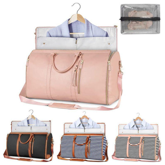 Beige Convertible Garment Duffel Bag with Leather Accents - Travel Weekender Bag for Suits and Dresses