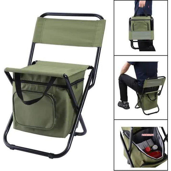 Black Portable 3-in-1 Folding Camping Chair with Storage Bag, Backrest, and Insulated Cooler for Outdoor Fishing, Hiking, and Picnics