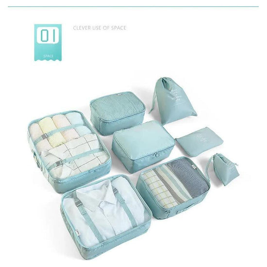 Light Blue 8-Piece Travel Organizer Set – Packing Bags for Clothes, Shoes, Underwear, and Toiletries with Drawstring and Zip Pouches