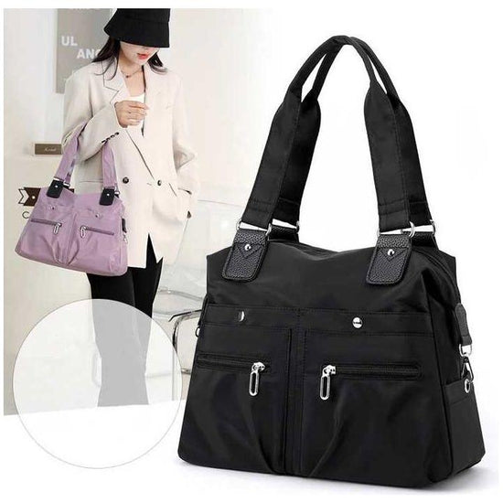 Purple Stylish Nylon Large Capacity Tote Bag for Work and Commute | Multi-Pocket Shoulder Bag | Fashionable Canvas Bag