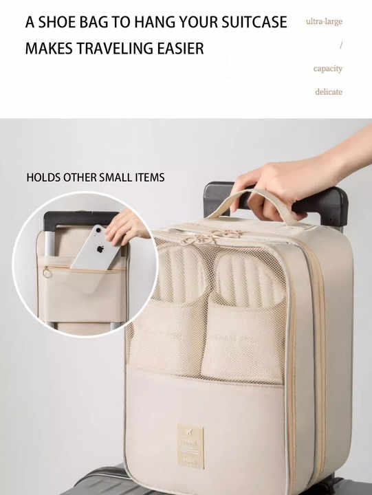 2 Pcs Beige Waterproof Foldable Travel Shoe Storage Bag, Three-Layer Design Shoe Organizer, Portable Shoe Pouch for Trips