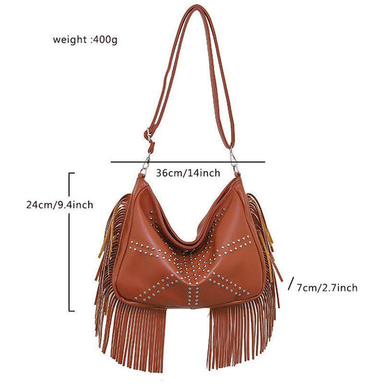 Black Trendy Rivet Fringe Shoulder Bag – Large Capacity Soft Leather Handbag for Women, Perfect for Travel and Leisure