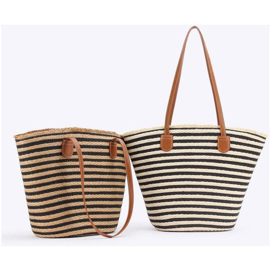 Black And White Stripes Handmade Large Capacity Striped Beach Tote Bag with Zipper and Inner Pocket - Summer Vacation Woven Shoulder Bag for Women