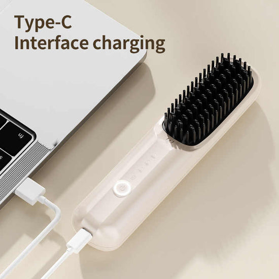 Beige Rechargeable Wireless Hair Straightening Brush - Sleek and Portable Styling Tool