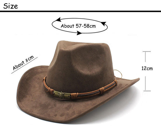 Black Unisex Faux Suede Western Cowboy Hat - Wide Brim Vintage Fedora for Outdoor Travel,M(57-58cm)